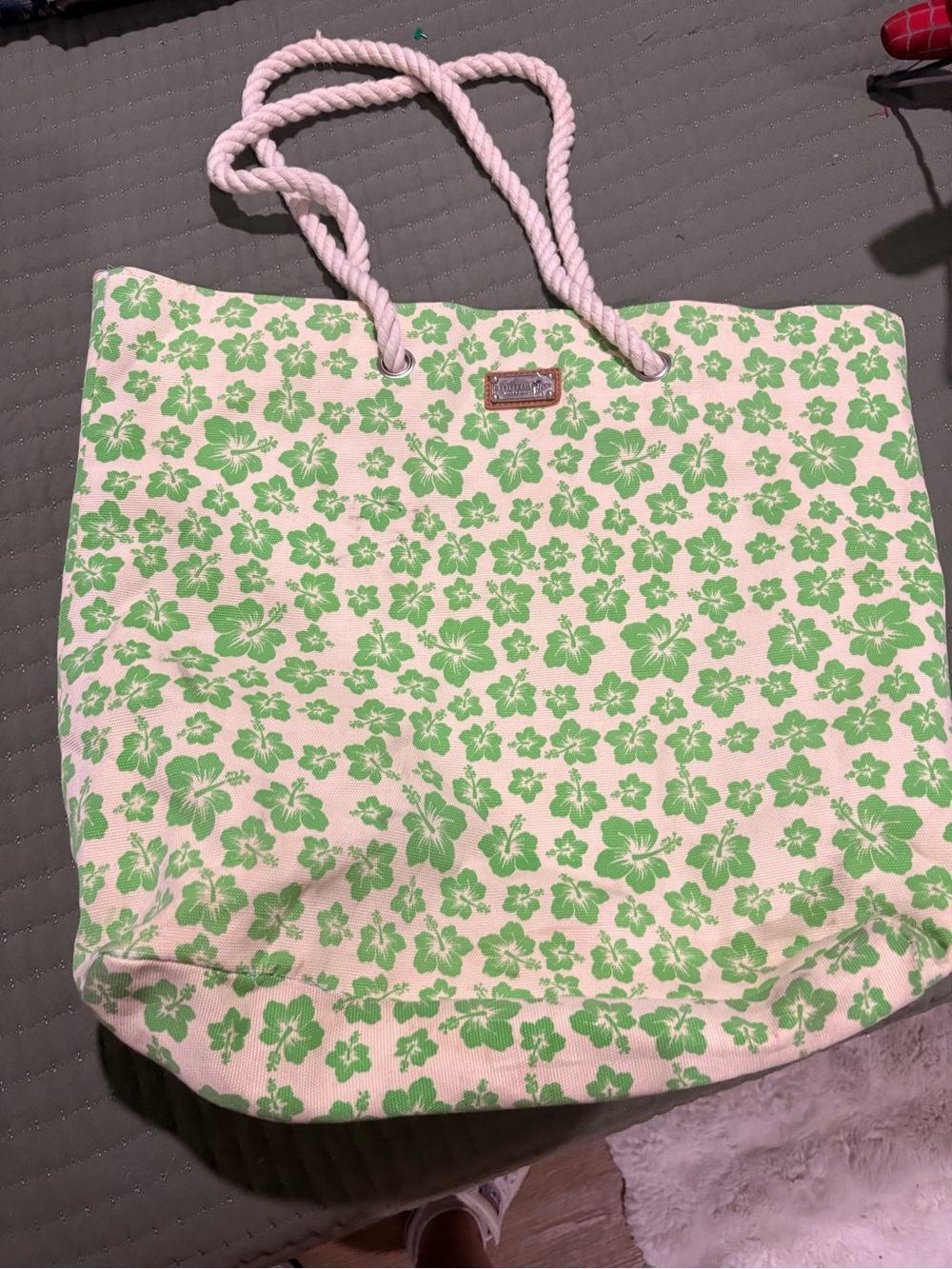 Caribbean Joe Green and Cream Floral Canvas Tote with Rope Handles